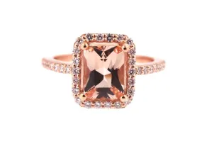 14K Gold Diamond Halo with 2 Carat Cushion Cut Morganite Engagement Ring