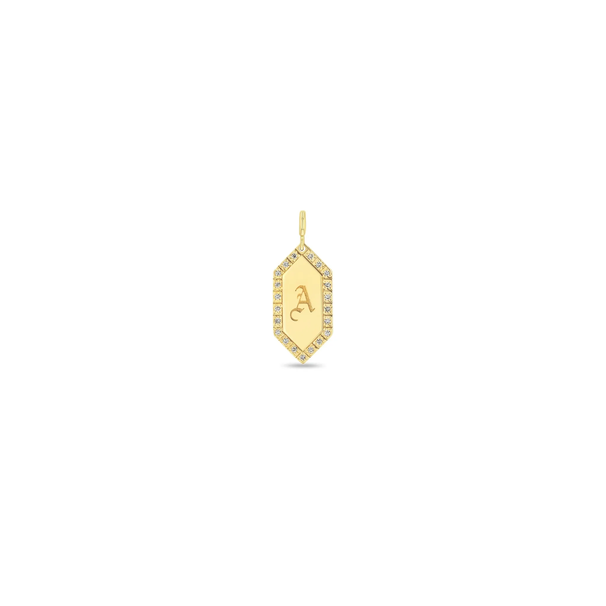 14k Single Initial Elongated Hexagon Diamond Border Charm Pendant