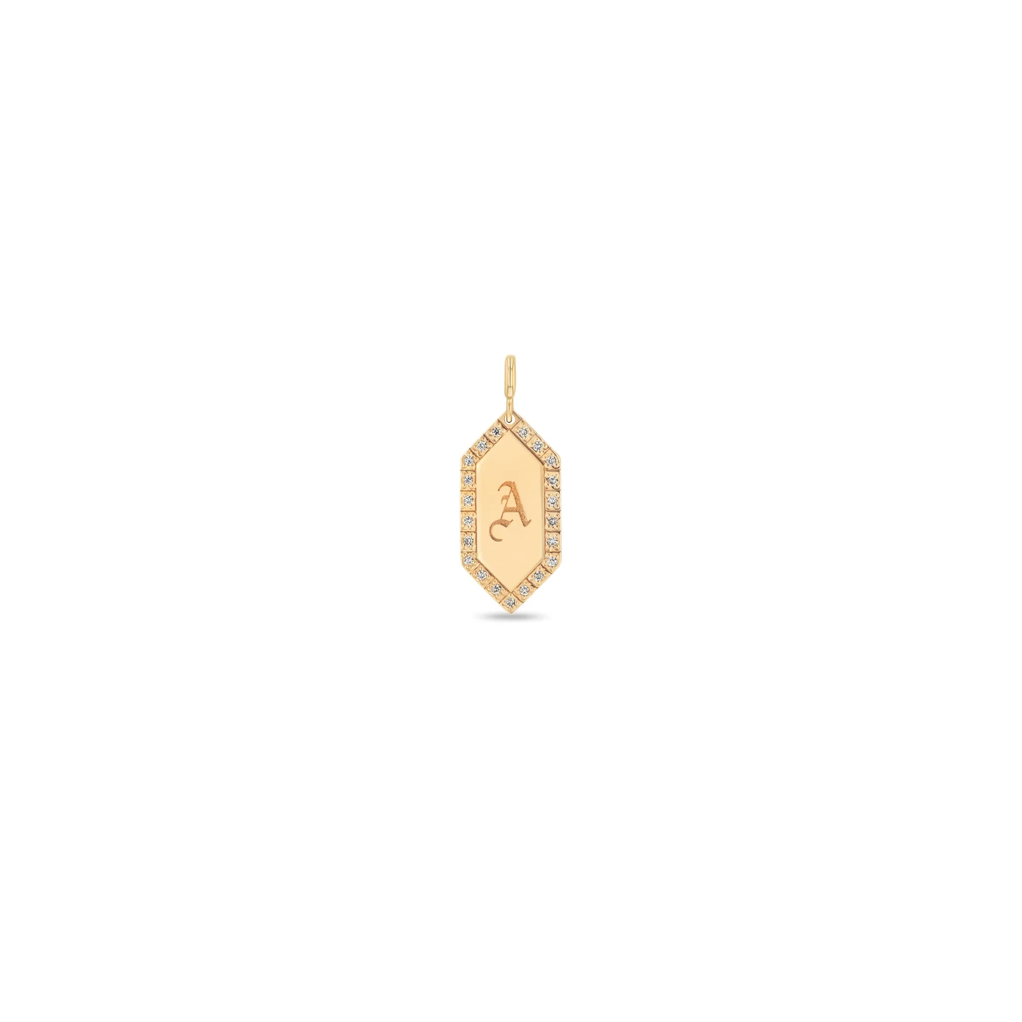 14k Single Initial Elongated Hexagon Diamond Border Charm Pendant