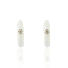 14K White Gold Enamel Huggie Hoop Diamond Earrings