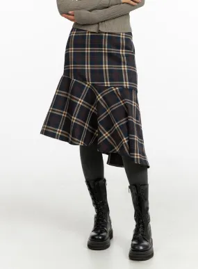 Asymmetrical Flare Check Midi Skirt CF408