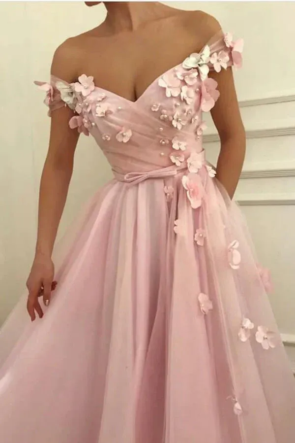 Beautiful Tulle A-line Off-the-Shoulder Long Prom Dresses With 3D Flowers,BD930817