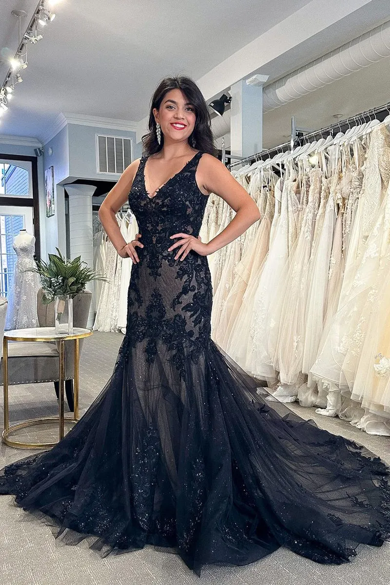 Black Mermaid V Neck Lace Appliques Prom Dresses,BD930875