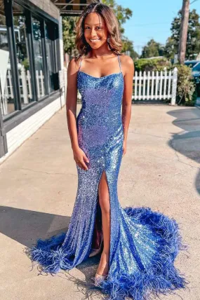 Blue Sequin Feather Lace-Up Back Long Mermaid Prom Dresses,BD93130