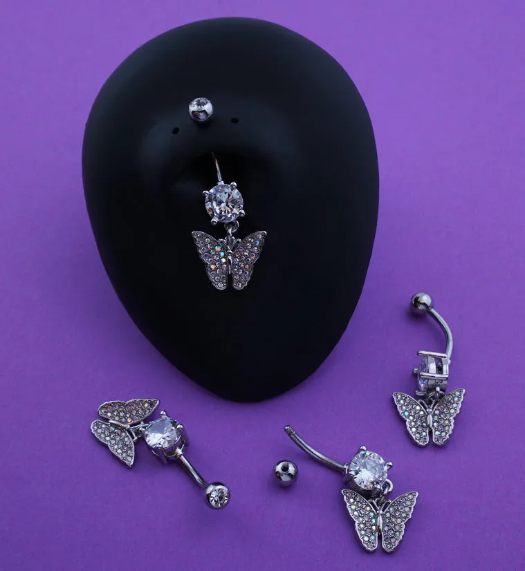 Butterfly Rainbow Aurora CZ Stainless Steel Belly Button Ring