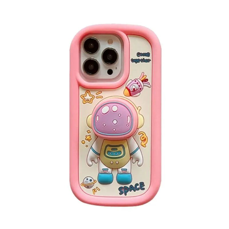 Cute Cartoon Astronaut Phone Case with Holder for iPhone 15, 14, 13, 12 Pro Max