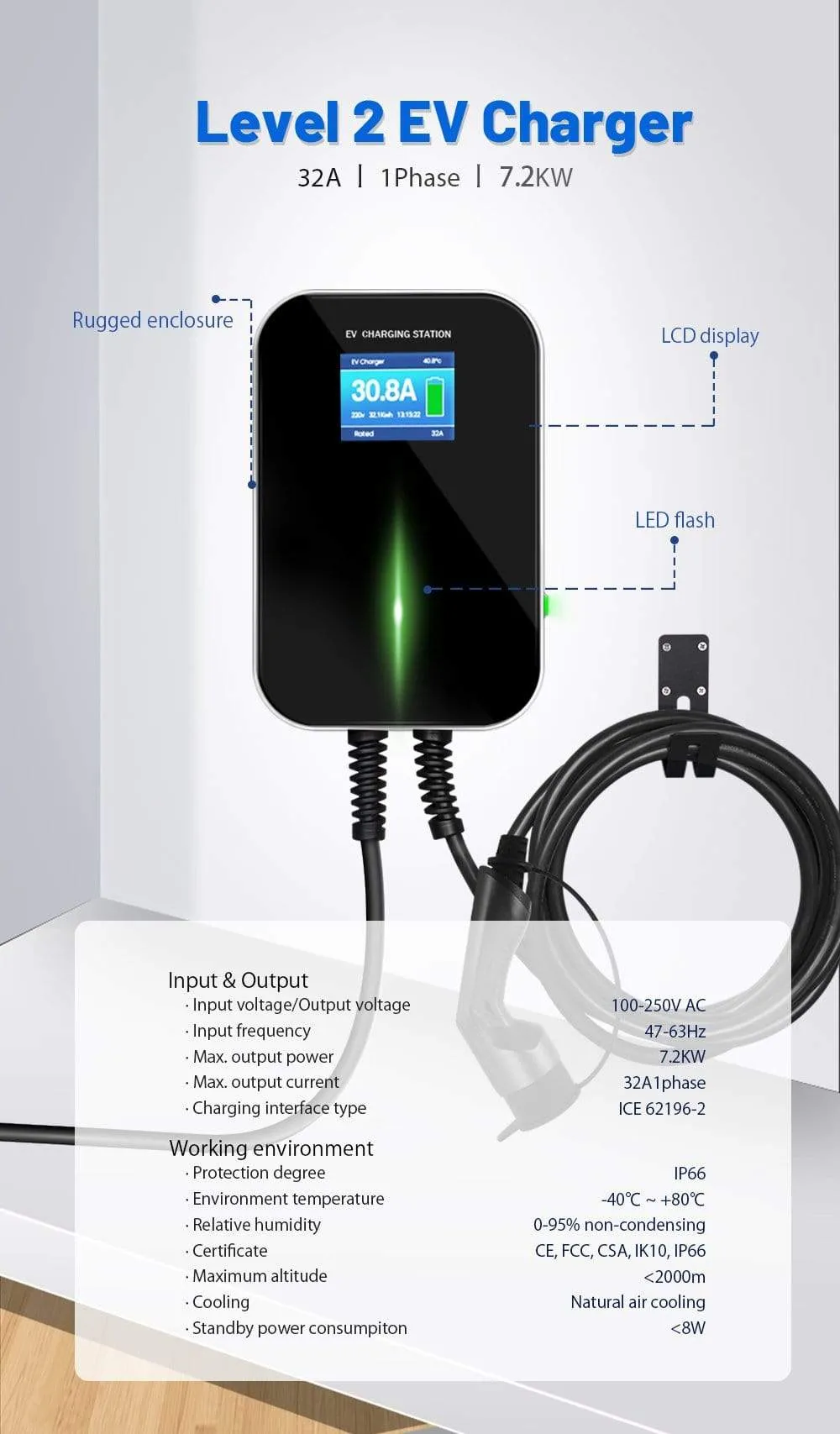 EV Charger 32A 1 Phase 7.2KW Wallmount Electric Vehicle Charging Station EVSE Wallbox with Type 2 Plug IEC 62196-2 Free Hook