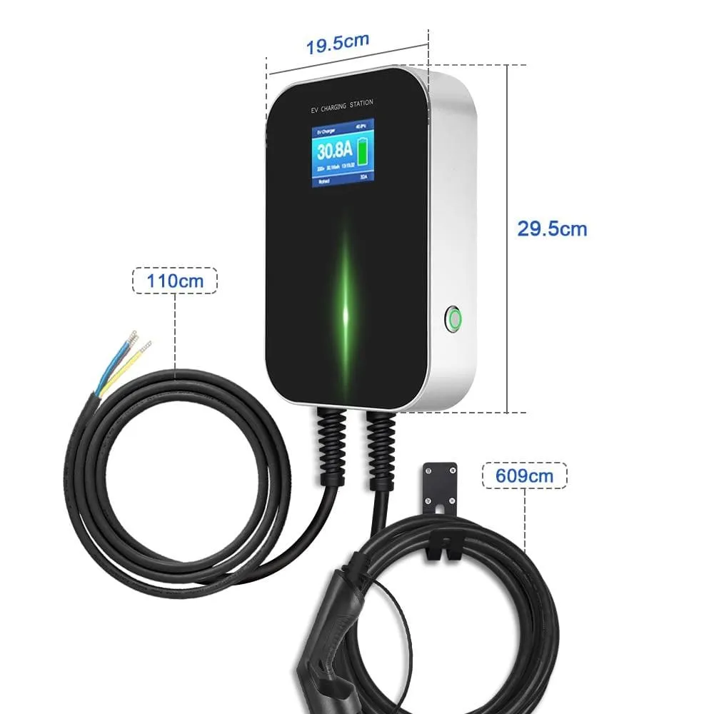 EV Charger 32A 1 Phase 7.2KW Wallmount Electric Vehicle Charging Station EVSE Wallbox with Type 2 Plug IEC 62196-2 Free Hook