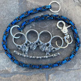 Four Finger Wallet Chain - Blue & Black Daytona Heritage - W/ Galvanized Skull Four Finger Ring 31 - WCK-16