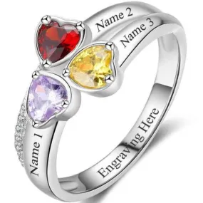 Mother's Ring 3 Heart Birthstones and 3 Engraved Names