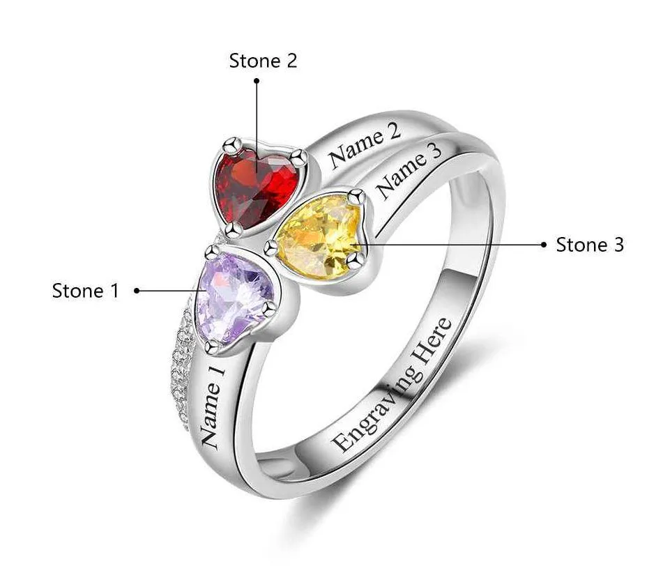 Mother's Ring 3 Heart Birthstones and 3 Engraved Names