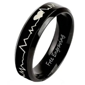 Personalized Men's Black Heartbeat Wedding Ring - Engraved Wedding Ring