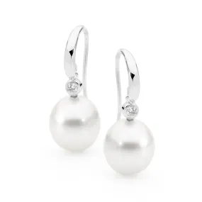 Rounded french hook pearl and diamond earrings