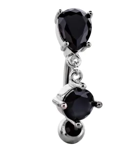 Teardrop Top Black CZ Dangle Stainless Steel Belly Button Ring