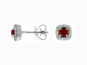 White Gold Ruby & Halo Diamond Stud Earrings