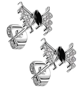 Wings Black CZ Titanium Threadless Stud Earrings